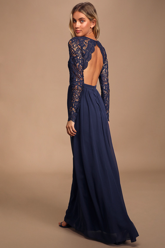 long sleeve navy blue gown