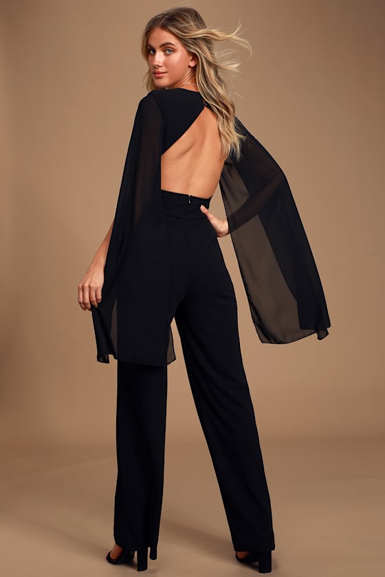 Minerva Black Backless Cape Sleeve Jumpsuit 6