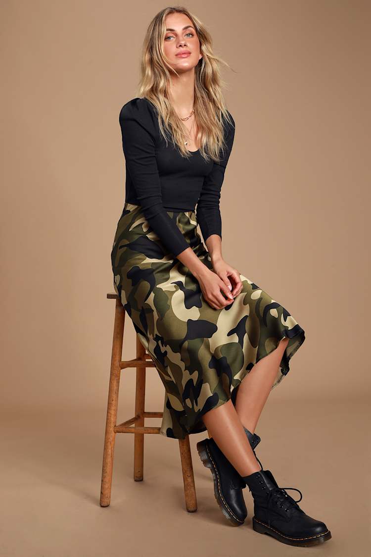 Cute Green Camo Print Skirt - Satin Skirt - Camo Print Midi Skirt - Lulus
