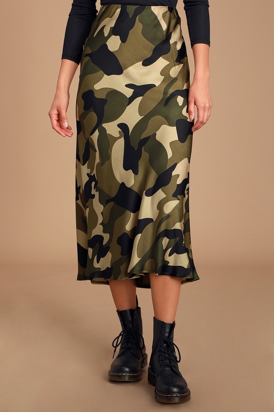 Cute Green Camo Print Skirt - Satin Skirt - Camo Print Midi Skirt
