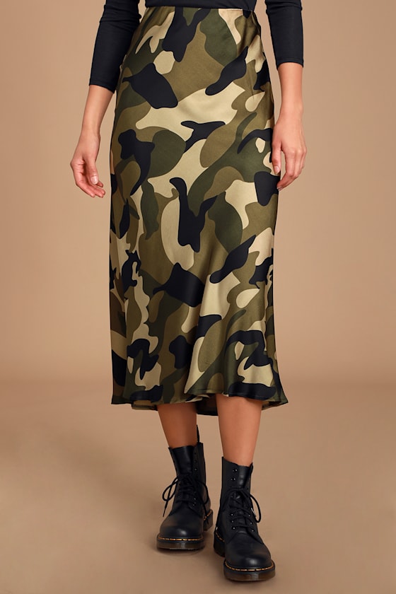 Cute Green Camo Print Skirt Satin Skirt Camo Print Midi Skirt