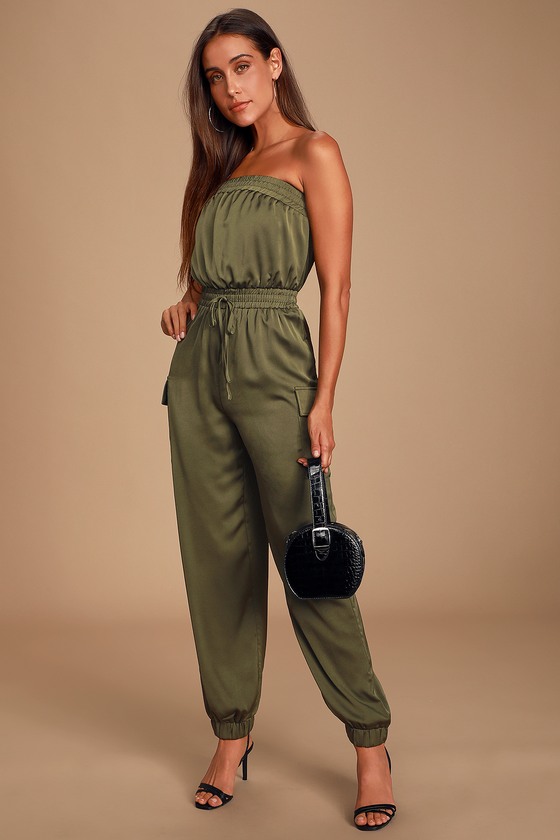 green strapless jumpsuit