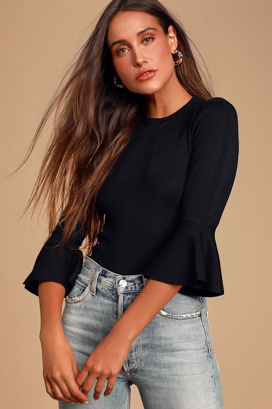 On My Level Black Flounce Sleeve Sweater Top 4