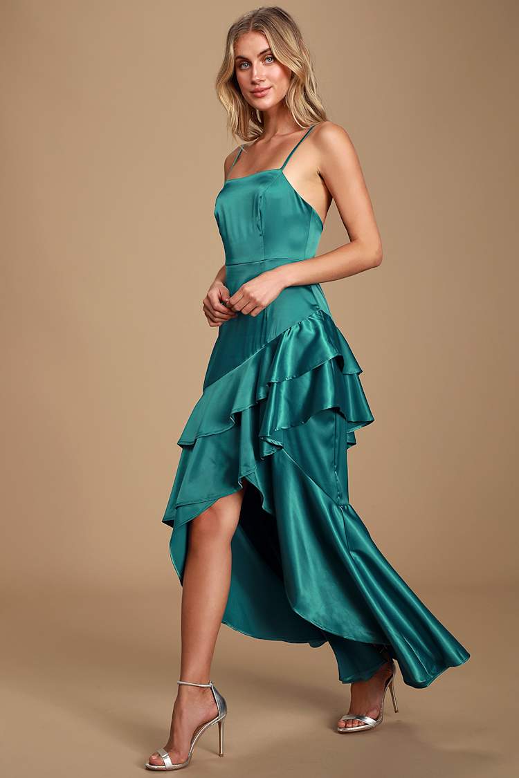 Fun Teal Green Dress - Satin Maxi Dress - Ruffled High-Low Dress - Lulus