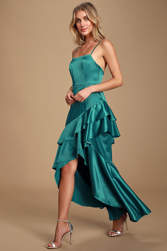 Yori Teal Green Satin Ruffled High-Low Maxi Dress 2