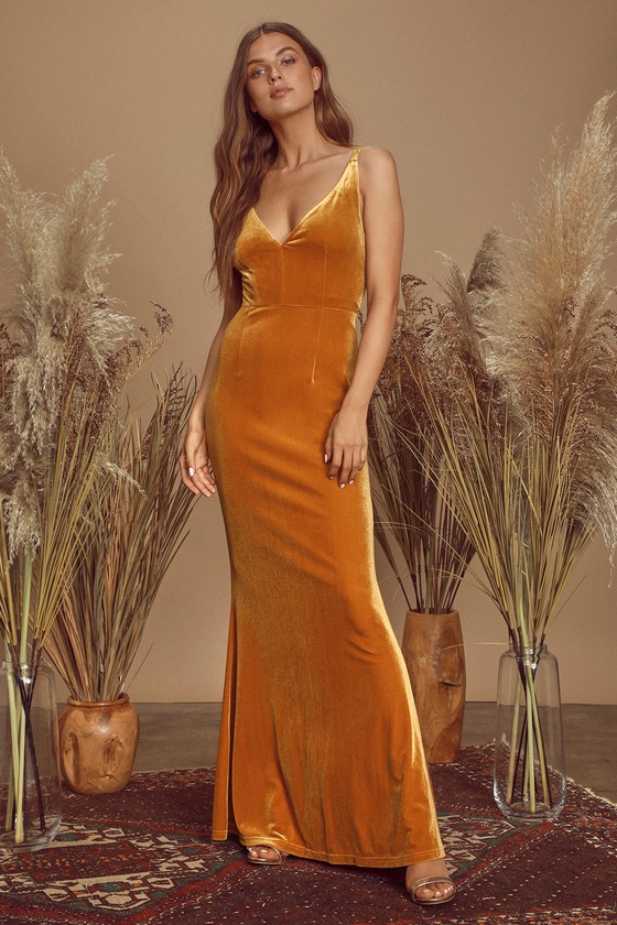 orange velvet maxi dress