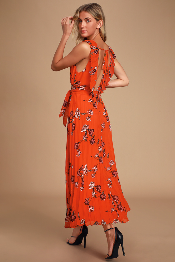 Try Again Red Orange Floral Print Pleated Chiffon Maxi Dress - Lulus