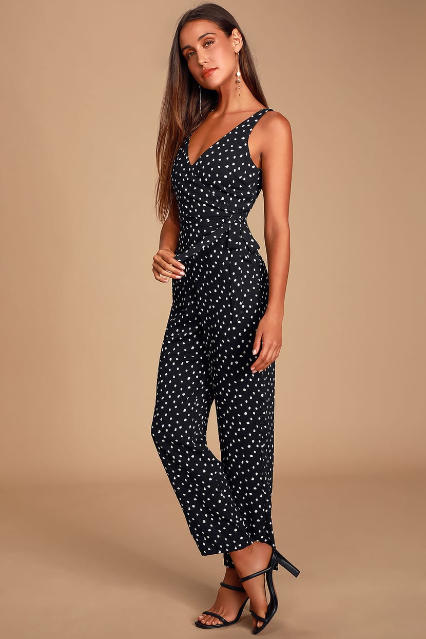 Chic Black Jumpsuit Polka Dot Jumpsuit Surplice Jumpsuit Lulus