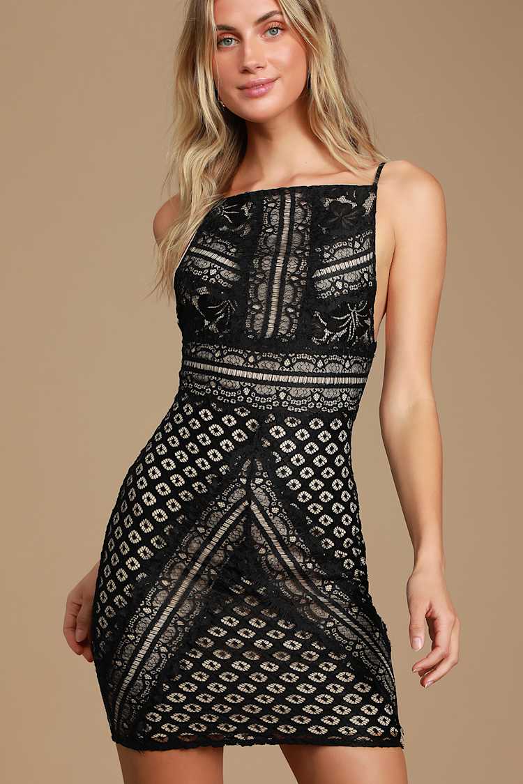 Sexy Black Lace Dress - LBD - Black Square Neck Dress - Bodycon - Lulus