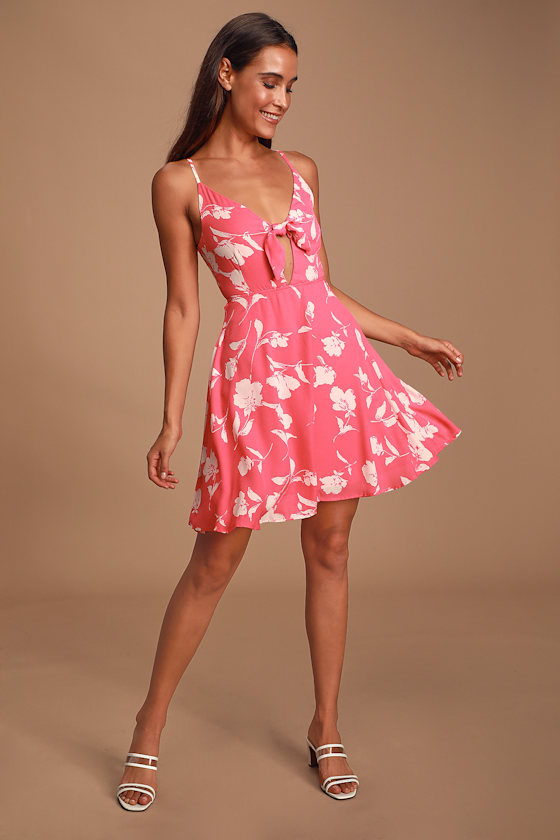 Zoya Bright Pink Floral Print Tie-Front Skater Dress 11