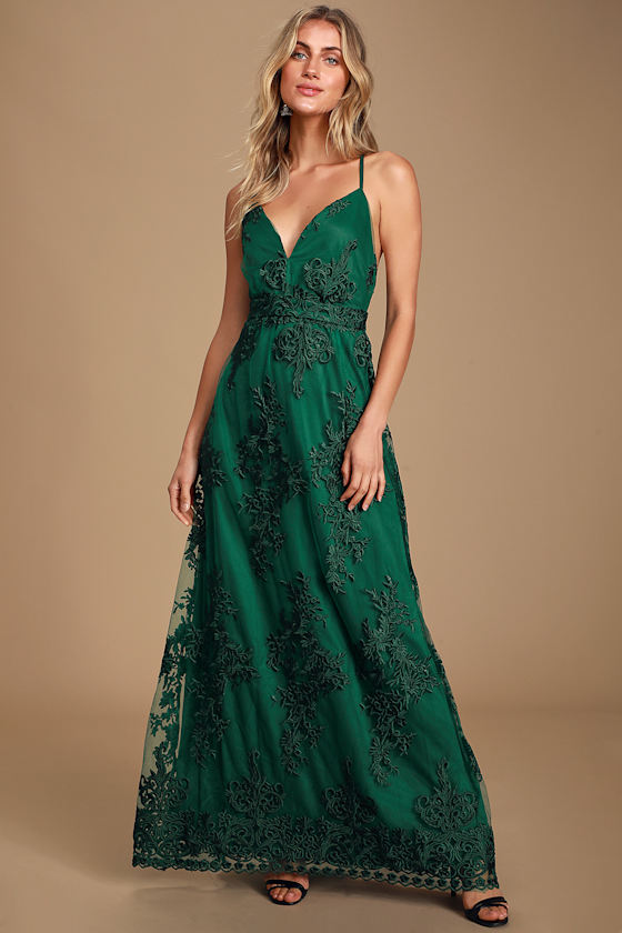 Happiness Begins Forest Green Embroidered Sleeveless Maxi Dress 1