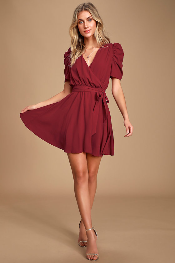 Cute Wine Red Dress Puff Sleeve Mini Dress Surplice Dress Lulus