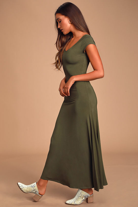 Satin, V-neck, Short Sleeve, Olive Green, Maxi Dress main image 1
