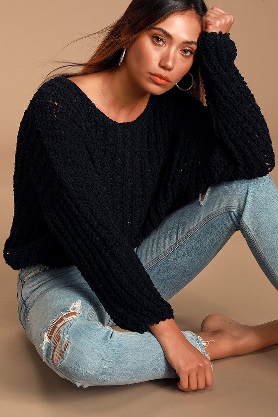 Cozy Black Sweater Loose Knit Sweater Sweater Lulus