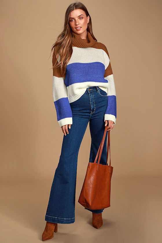 Color Me Cozy Brown Multi Color Block Turtleneck Sweater 2