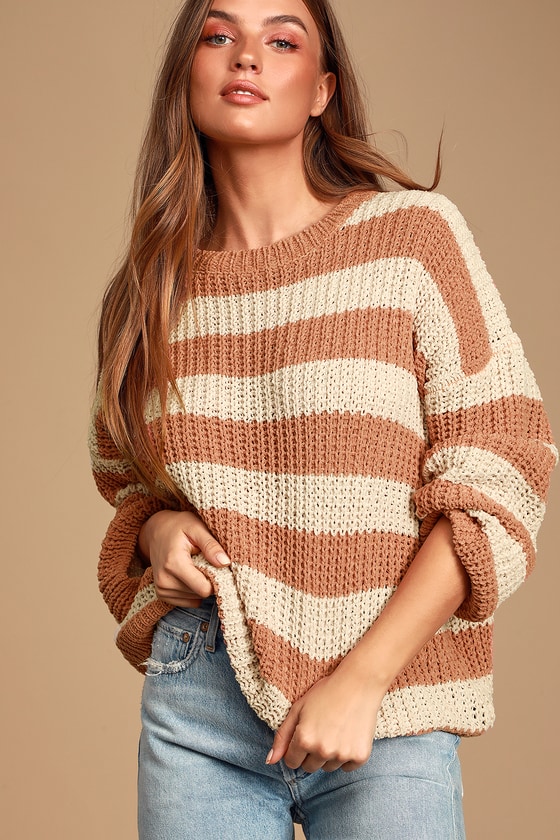 Cozy Cream and Peach Sweater - Striped Sweater - Chenille Sweater - Lulus
