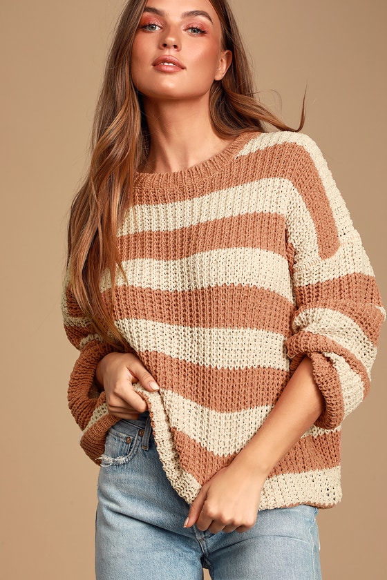 Cozy Cream and Peach Sweater Striped Sweater Chenille Sweater