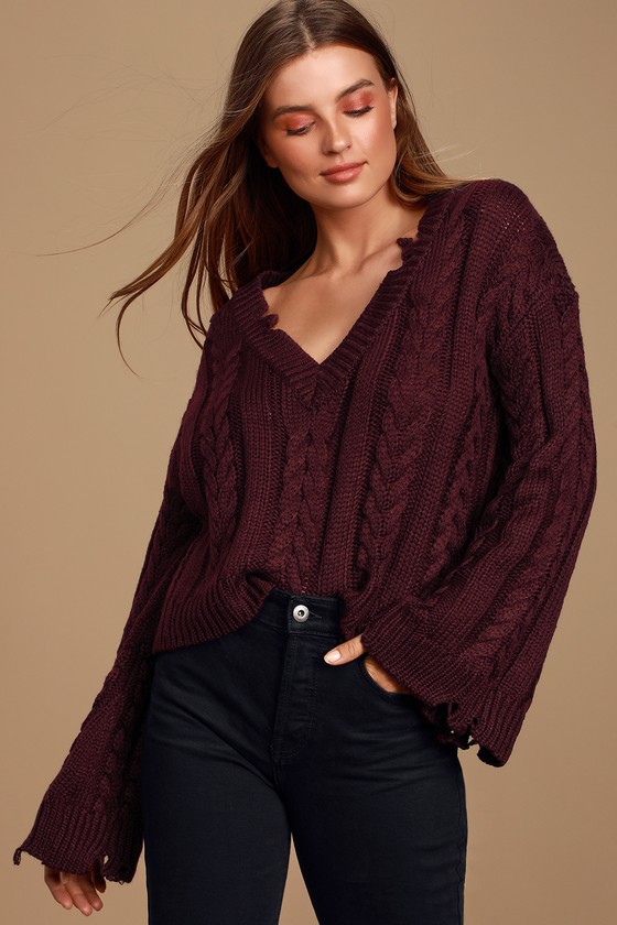 Burgundy Cable Knit Sweater - Cropped Sweater - Boxy Sweater - Lulus