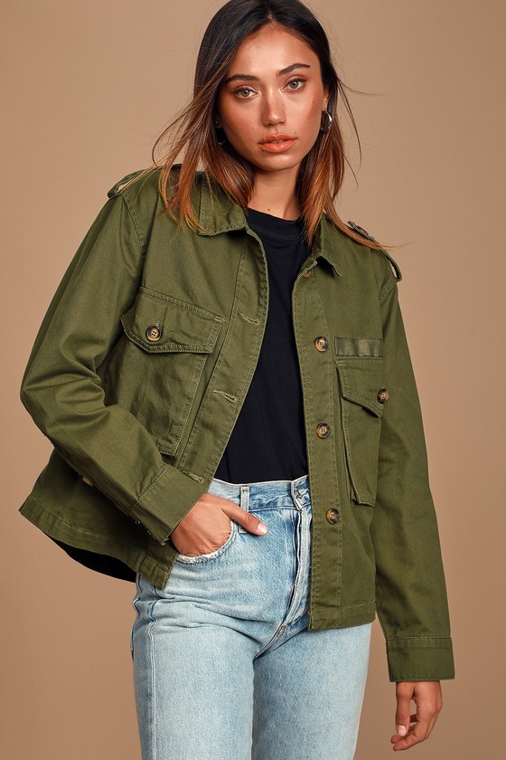 Olive Green Utility Jacket Collared Jacket Cropped Jacket Lulus
