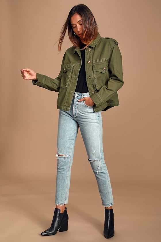 Olive Green Utility Jacket Collared Jacket Cropped Jacket Lulus