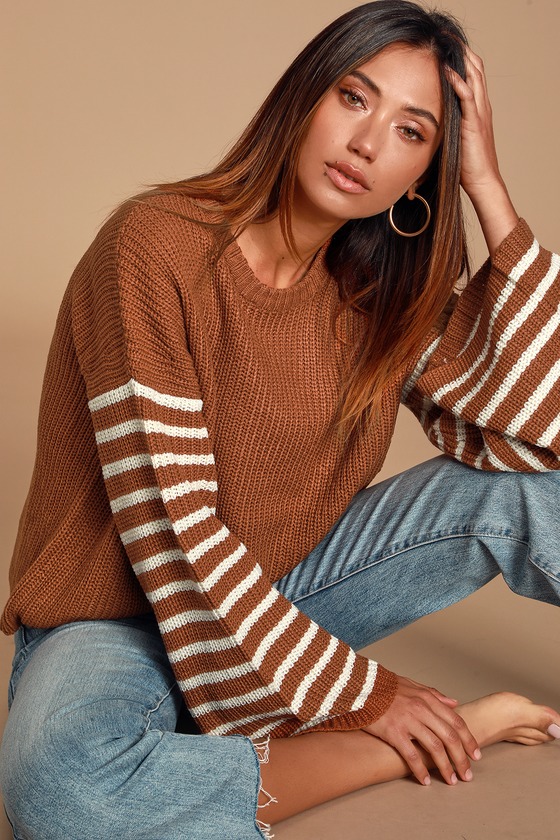 Cute Rust Sweater - Bell Sleeve Sweater - Striped Sleeve Sweater - Lulus