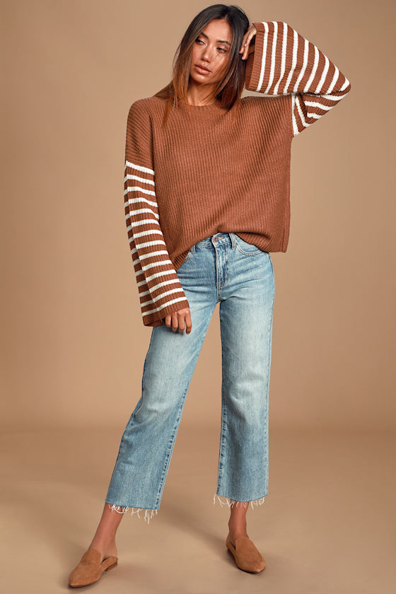 Feeling Great Rust Brown Striped Bell Sleeve Sweater 1