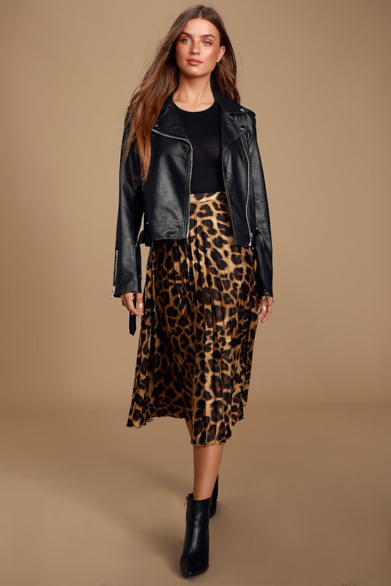 Tasteful Living Leopard Print Satin Pleated Midi Skirt 1
