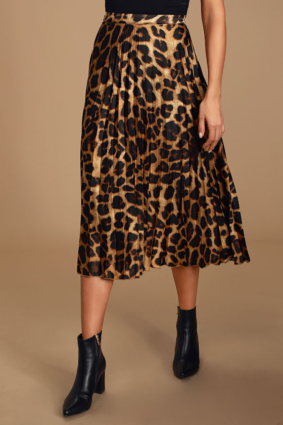 Tasteful Living Leopard Print Satin Pleated Midi Skirt 2