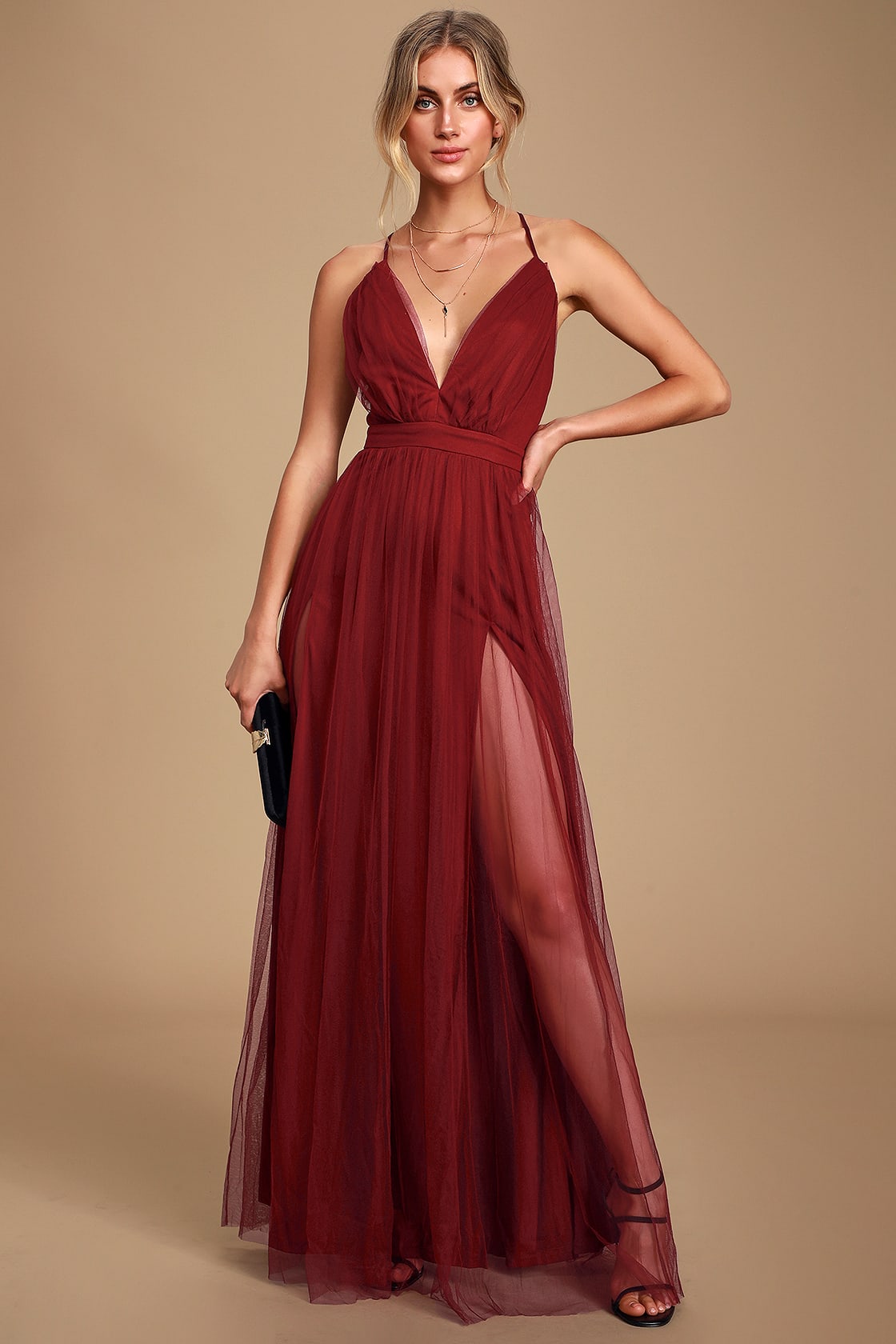 Rare Beauty Burgundy Tulle Backless Maxi Dress