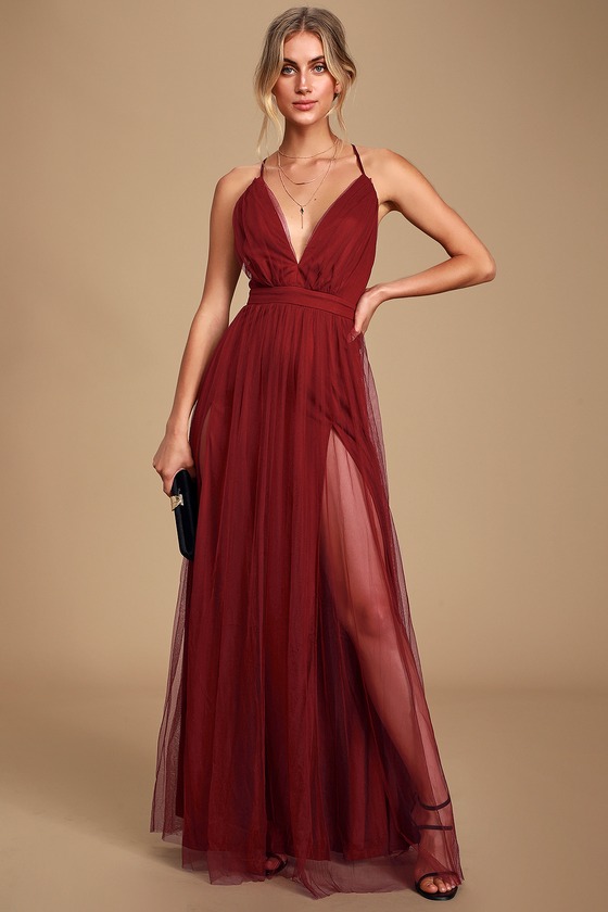 Sexy Burgundy Maxi Dress - Tulle Maxi Dress - Leg Slit Maxi Dress - Lulus