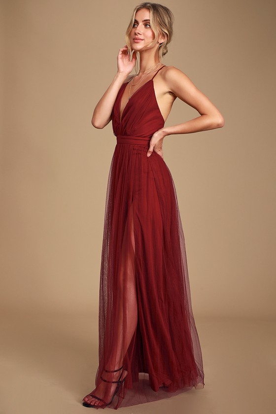 burgundy split leg dress