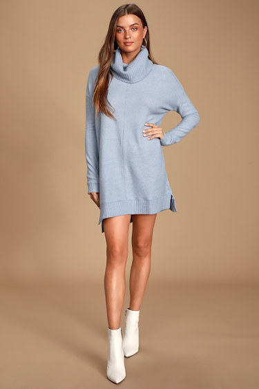 Autumn Daze Light Blue Cowl Neck Long Sleeve Sweater Dress