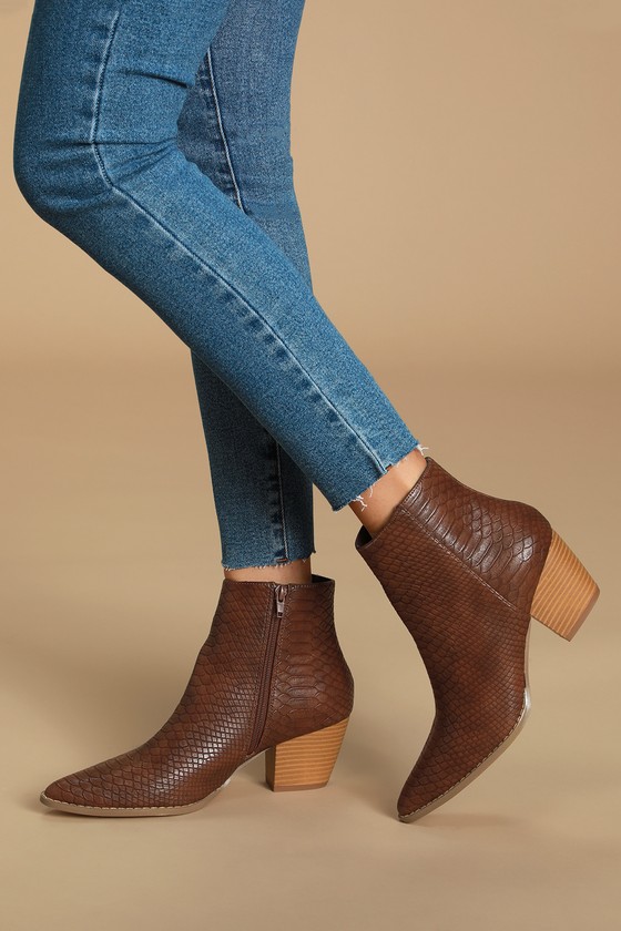 Spirit Dark Brown Snake Pointed Toe Ankle Booties