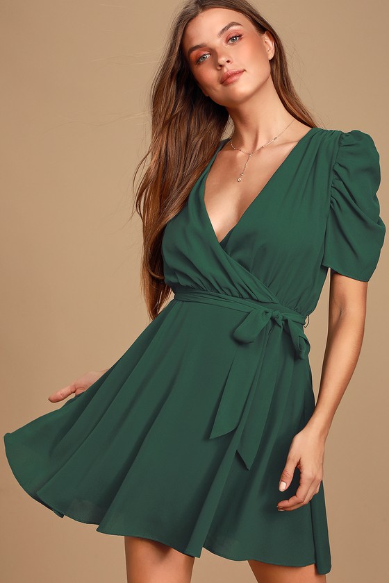 Cute Green Dress - Puff Sleeve Mini Dress - Surplice Mini Dress - Lulus