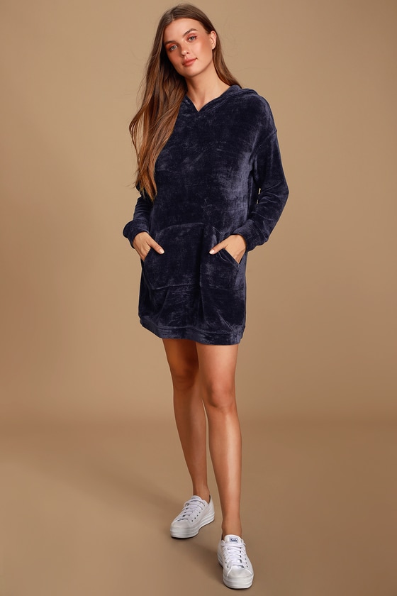 Blue Chenille Knit Dress - Sweater Dress - Hooded Sweater Dress - Lulus