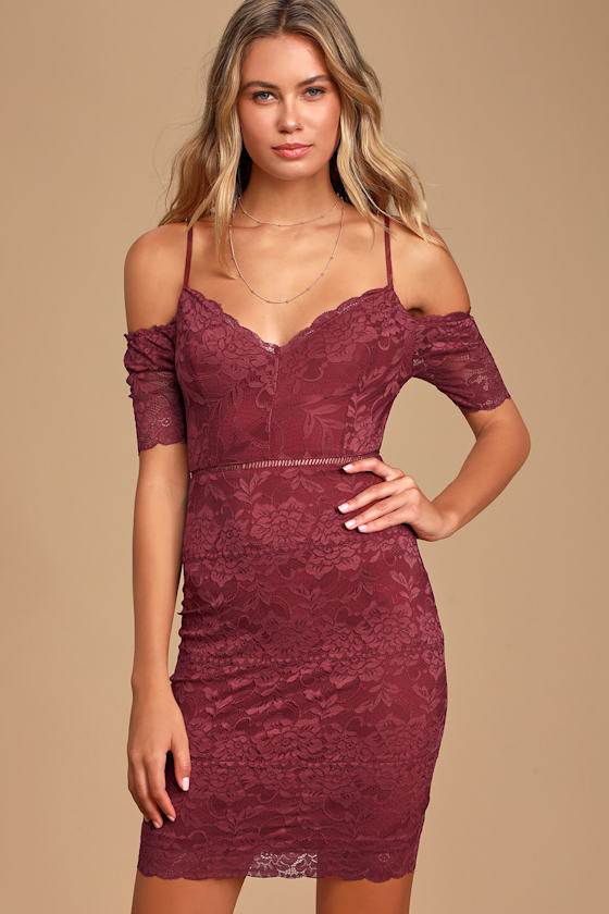 Sexy Wine Lace Dress Wine Bodycon Dress Cold Shoulder Dress Lulus
