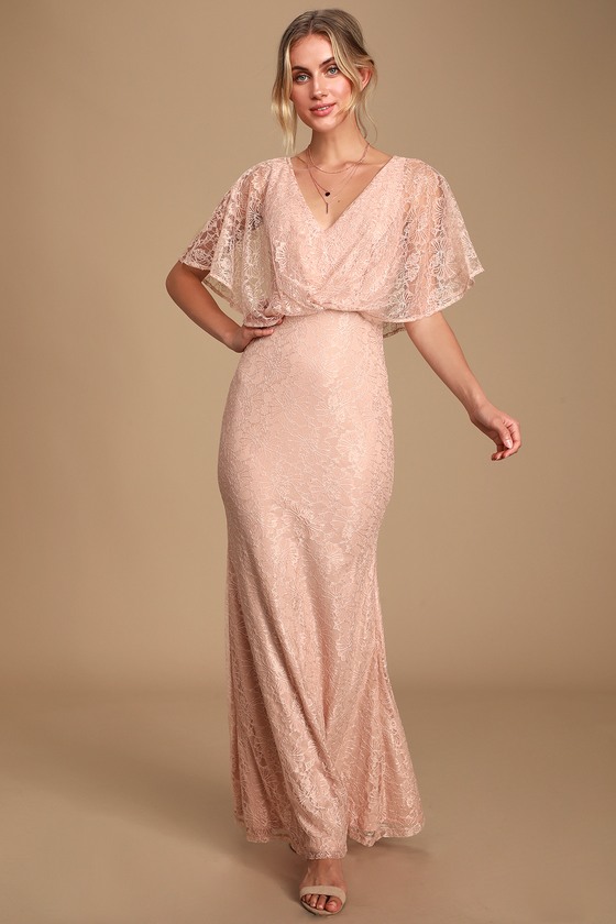 Bliss Delight Blush Pink Lace Flutter Sleeve Maxi Dress