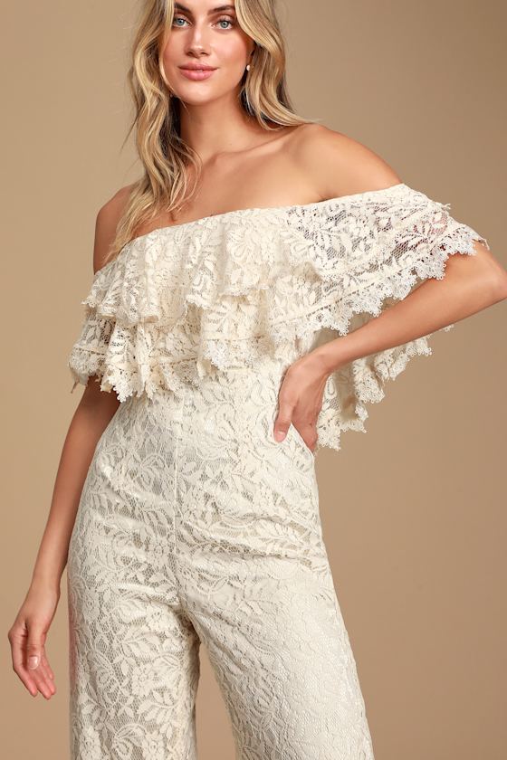 Glam Cream Jumpsuit Lace Jumpsuit OfftheShoulder Jumpsuit Lulus