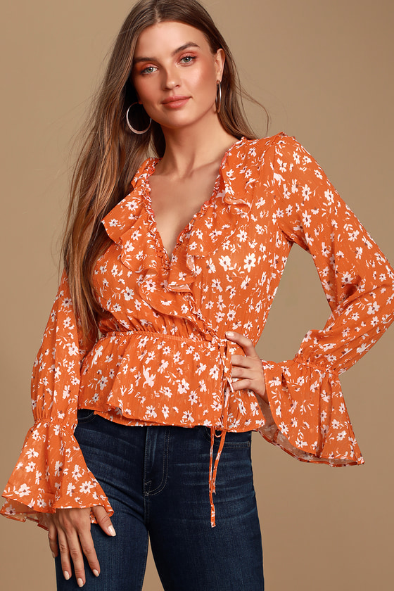 Cute Orange Top - Ruffled Wrap Top - Blouse - Floral Print Top - Lulus