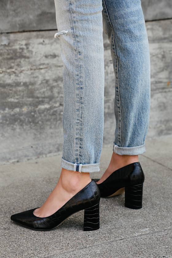 Claire Black Crocodile-Embossed Leather Pointed-Toe Pumps 1
