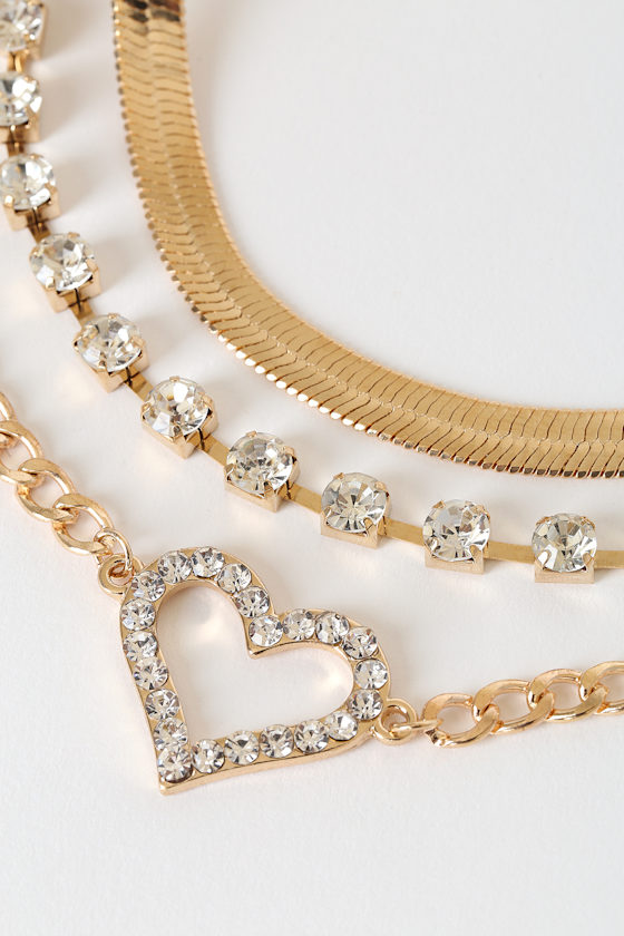 Heart of Love Gold Rhinestone Layered Choker Necklace 1