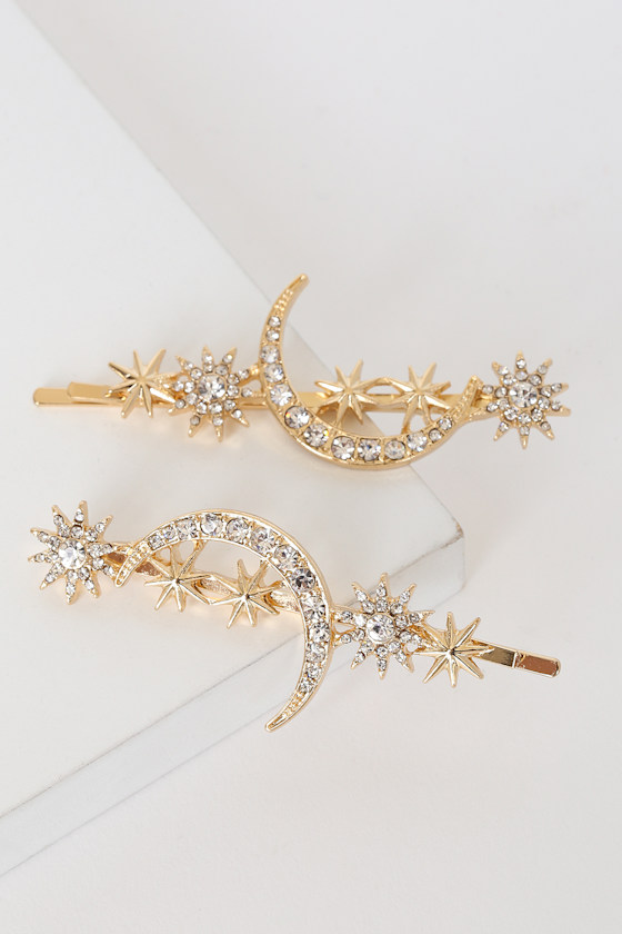 Wish I May Gold Rhinestone Star and Moon Hair Pin Set 2
