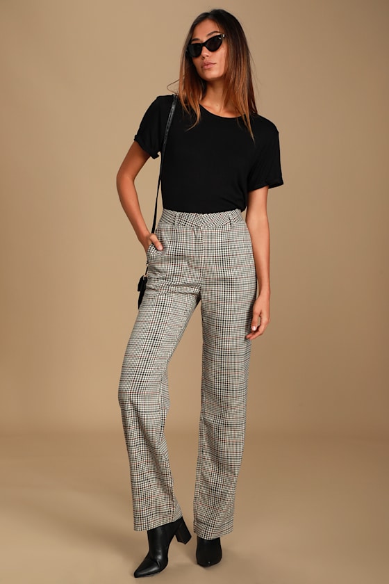Bet On Me Beige Multi Plaid Wide-Leg Trousers 1