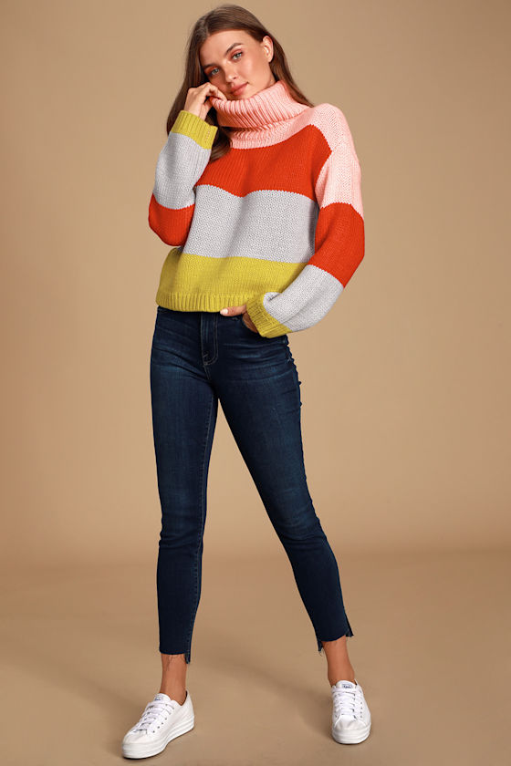 Color Me Cozy Pink Multi Color Block Turtleneck Sweater 7