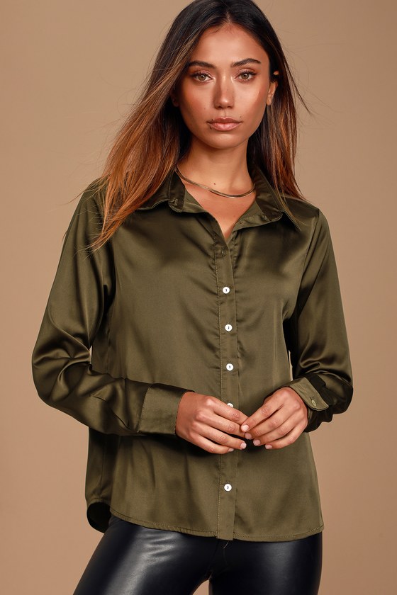 Green Satin Top - Button-Up Blouse - Office Chic Collared Top - Lulus