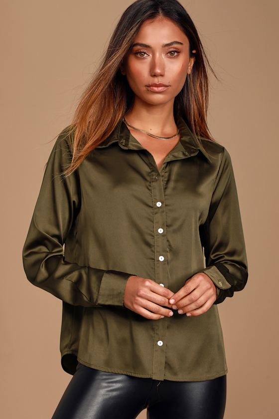 Clocking Out Olive Green Satin Button-Up Long Sleeve Top 3