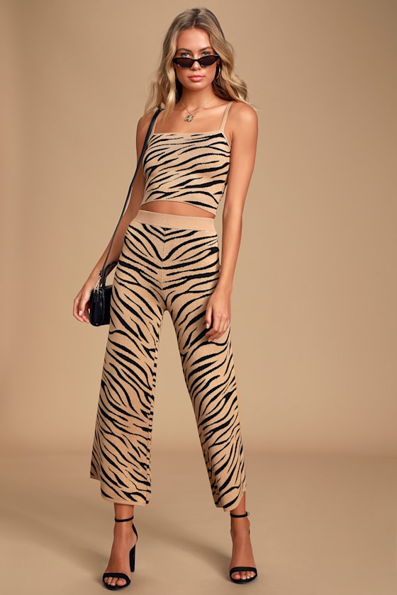 Wild Night Camel and Black Tiger Print Culotte Pants 1