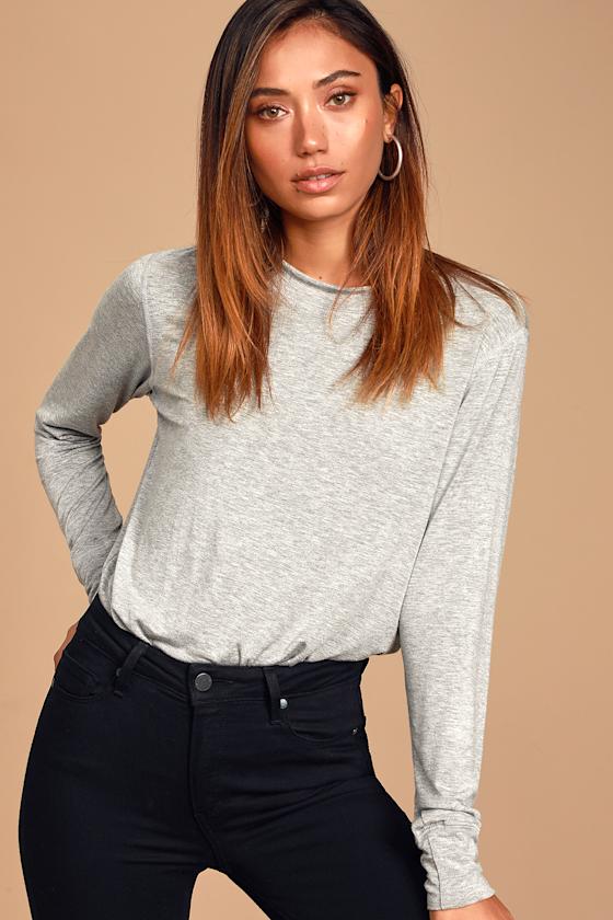 Cute Heather Grey Bodysuit Long Sleeve Bodysuit Grey Top Lulus