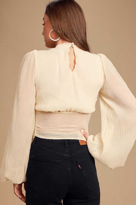 Chic Ivory Mock Neck Top - Chiffon Crop Top - Balloon Sleeve Top - Lulus