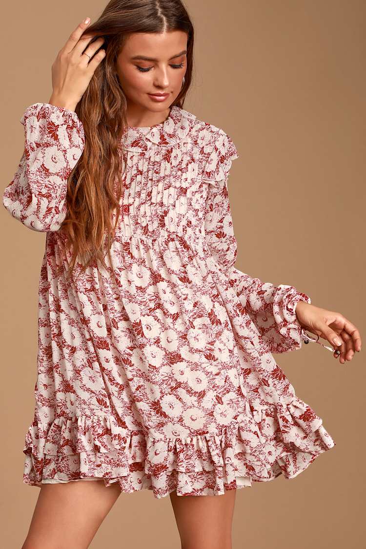 knee length dresses for ladies Free People Daytime Chic Ruffle Bust Red Pink Floral Mini Dress – The  Closet New York main image 0